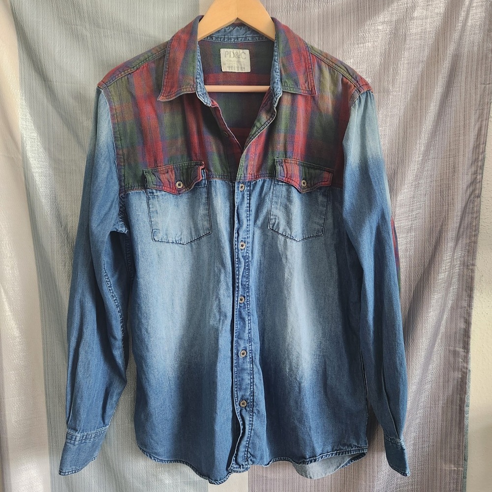 PD&C Mens Denim Plaid Mixed Media Elbow Patch 90s Cabin Woods Americana Workwear